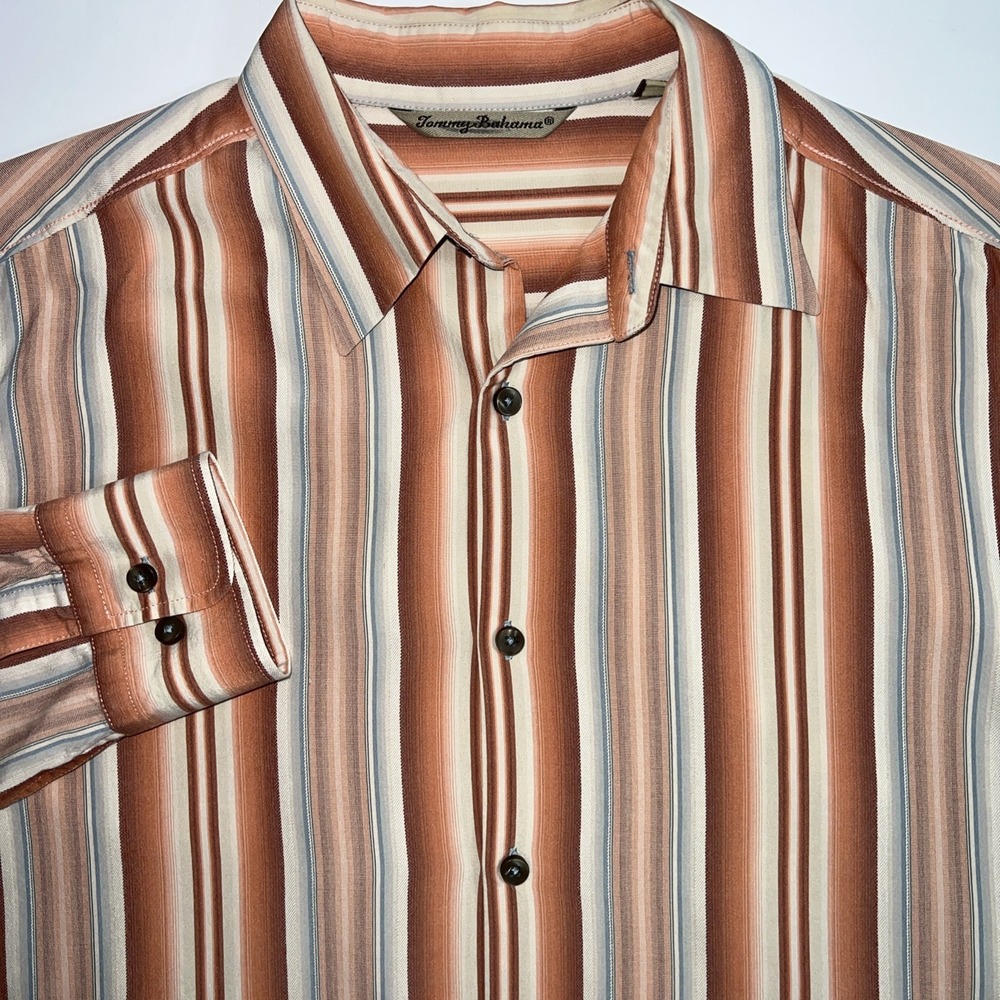 Tommy Bahama Silk Shirt Mens Medium Peach Pinstriped Relax Button Up Long Sleeve